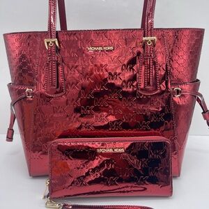 Michael Kors Red Tote Bag and Wallet Set